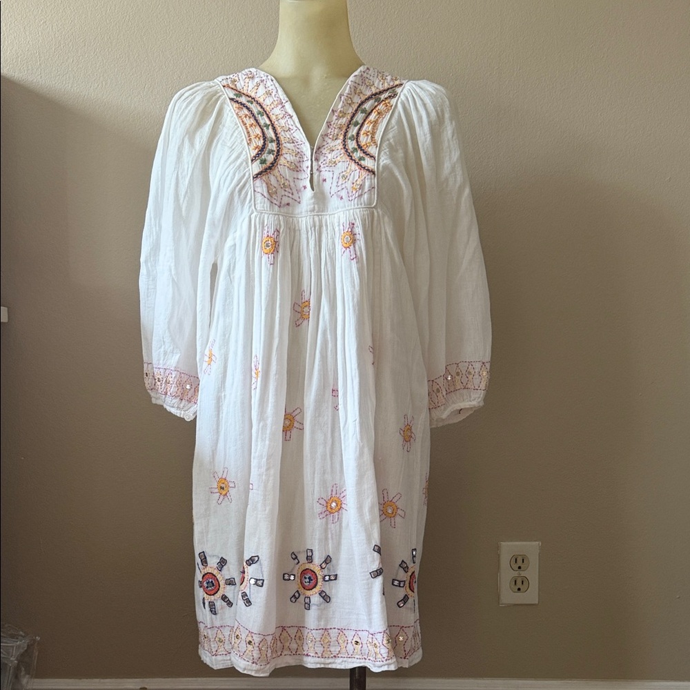 ANTIK BATIK SIZE SMALL White Dress with Colorful Embroidery